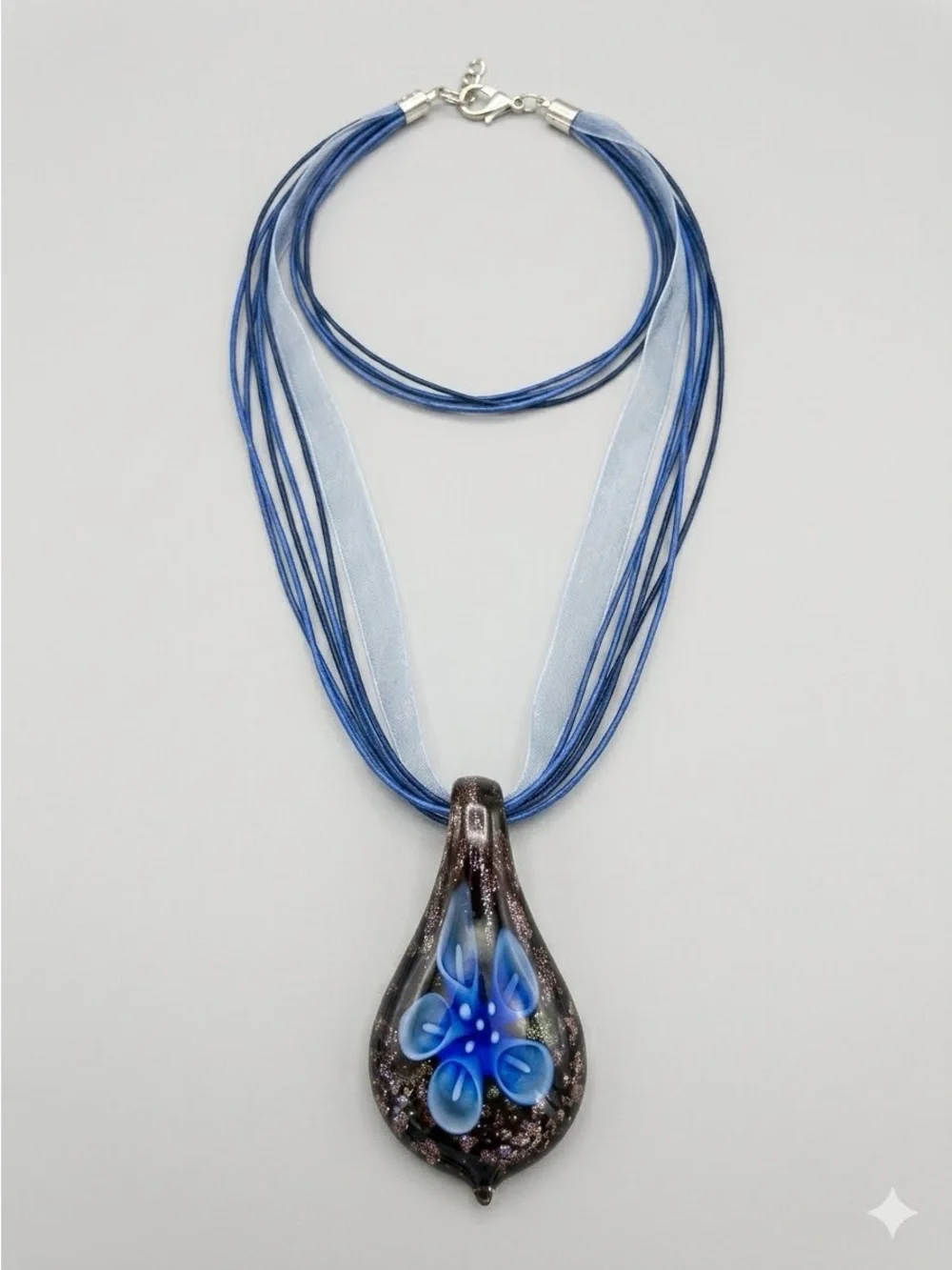Handmade Blue Floral Glass Pendant Necklace with Multi-Strand Cord